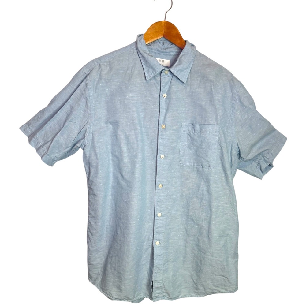 Uniqlo Linen Cotton Blend Shirt Mens Large Light Blue Short Sleeve Button Down